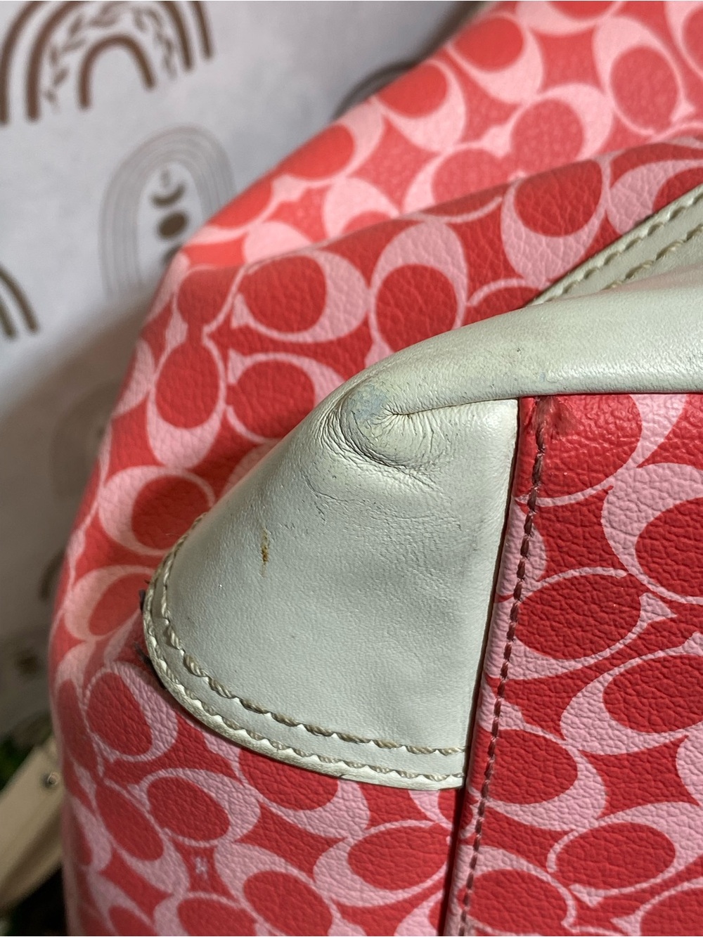 Coach Coral Pink Signature Stripe Tote with White Trim diaper bag - Picture 9 of 16
